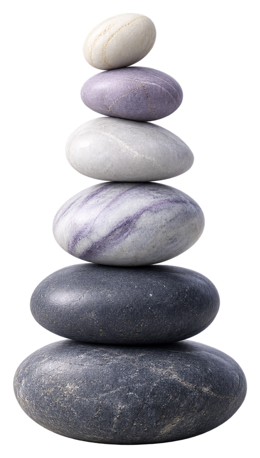 Six river stones balanced in a stack: two dark graphite stones at the base, then pale marble veined with purple, white, lilac and cream above them